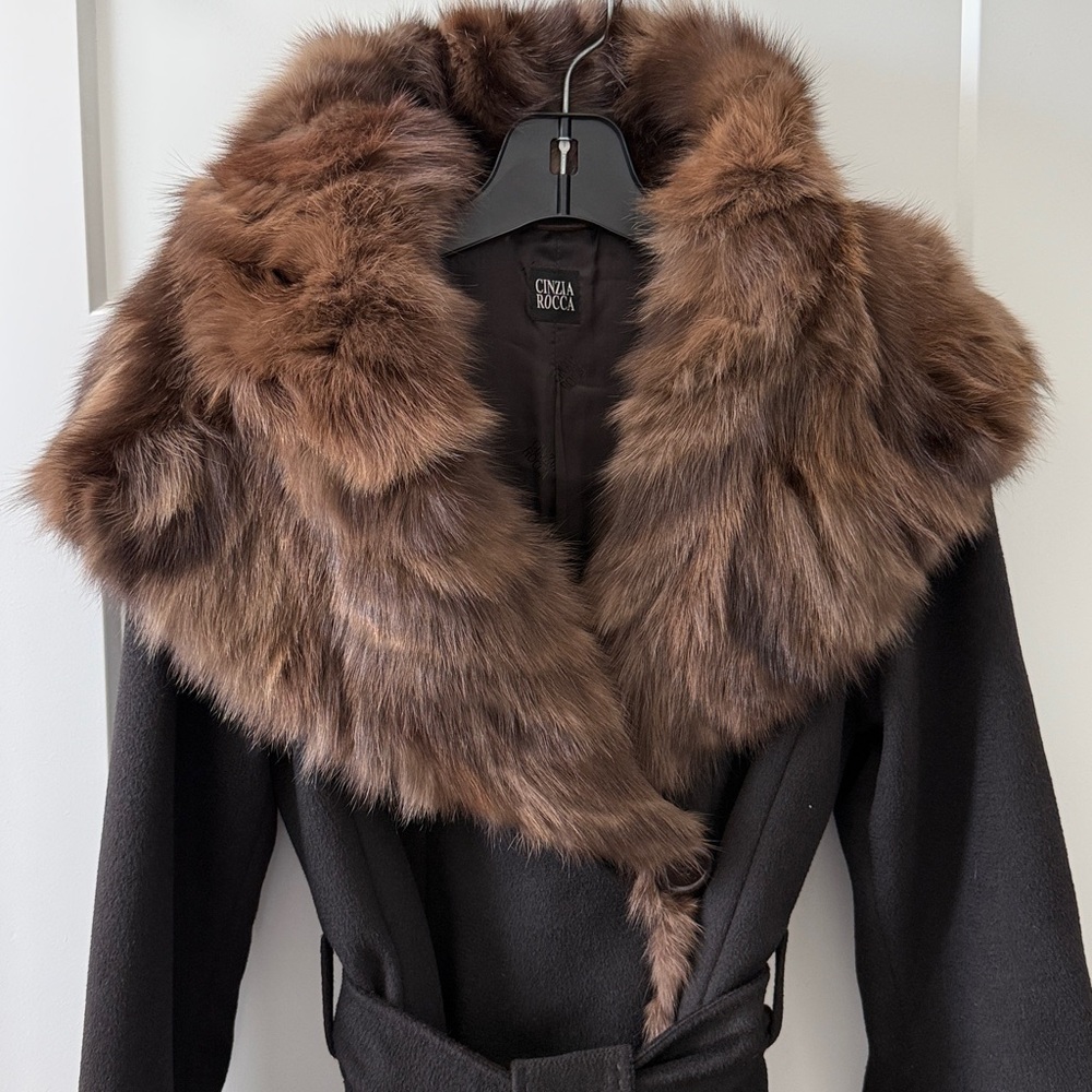 Cinzia Rocca Black Cashmere/Angora Wrap Coat with Brown Sable Fur Collar/Hood - Picture 3 of 10